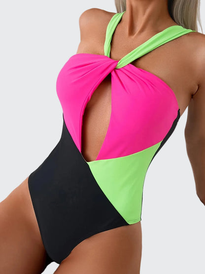 🍒Modieuse swemdrag eenstuk poelswemklere vir vroue Ruglose swemklere met uitsny-kruiskleur swembroek Tri-kleur Skouspel
