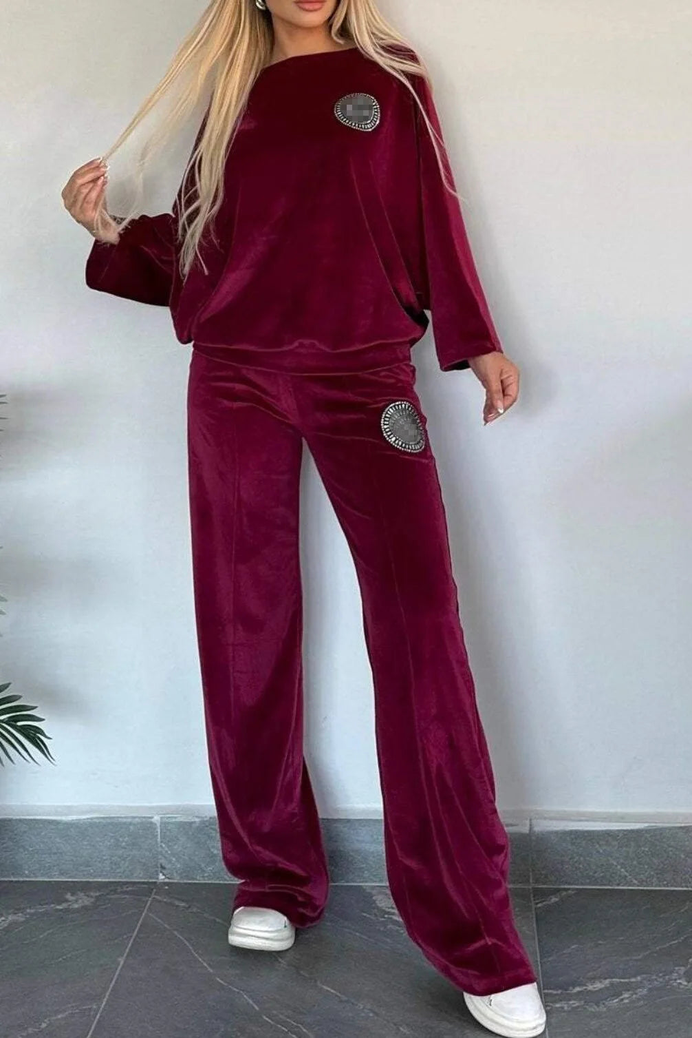🍒Velvet two piece set solid round neck fashion of shoulder batwing top plus flared trouser casual two-piece outfits for women vibe in velvet