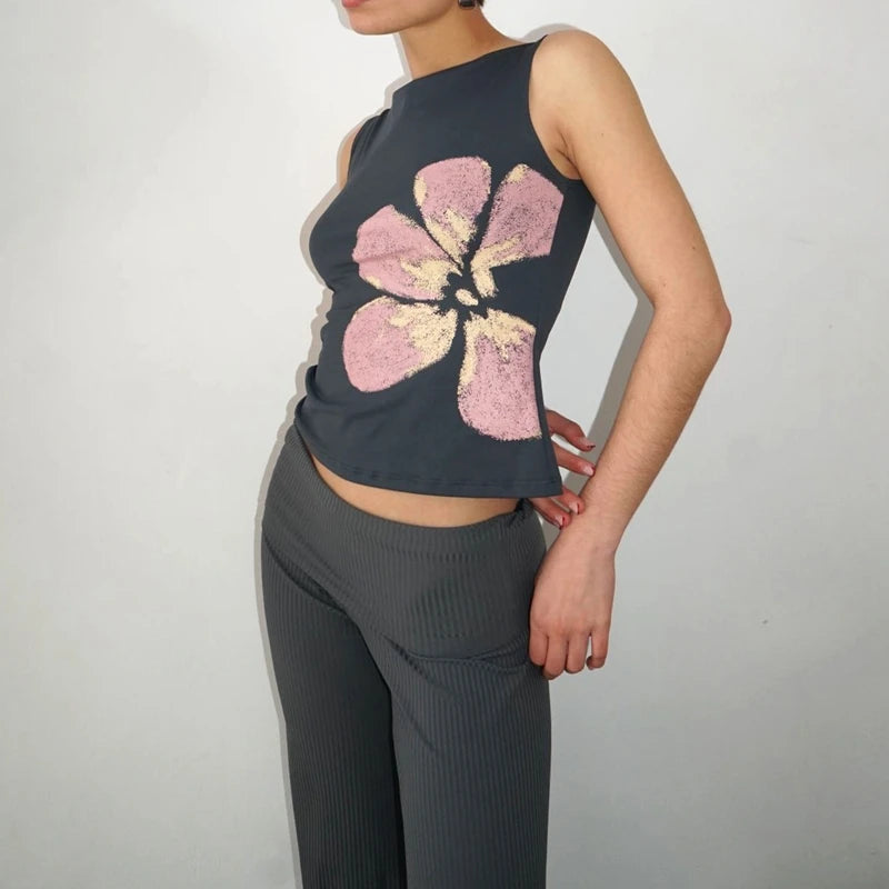 🍒Vest shirt for women summer tank top flower printed fitted crop top vintage sleeveless top fashion party club clothes