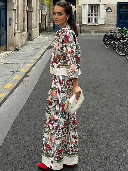 🍒Smart casual trouser sets bohemian style long sleeve crop top jacket short shirt for women and high waisted wide leg pants