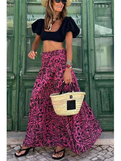 🍒Gedrukte somerrok boho somermodes gemaklike drag klere strandpartytjie klere los a-lyn reisrok elegante Boheemse styl drag Pou In Mooi Pienkes
