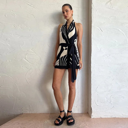 🍒Printed a-Line dress halter neck with tie bow waist backless v-neck outfit slim sleeveless a-line dress Melter Halter