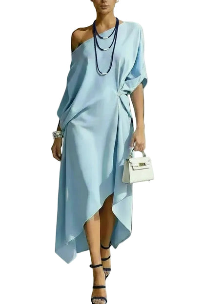 🍒Cold shoulder midi dress loose solid draped knot waist Irregular hem outfit for occasion holiday evening wear women elegant guest wear Pretty Perfect Pinched