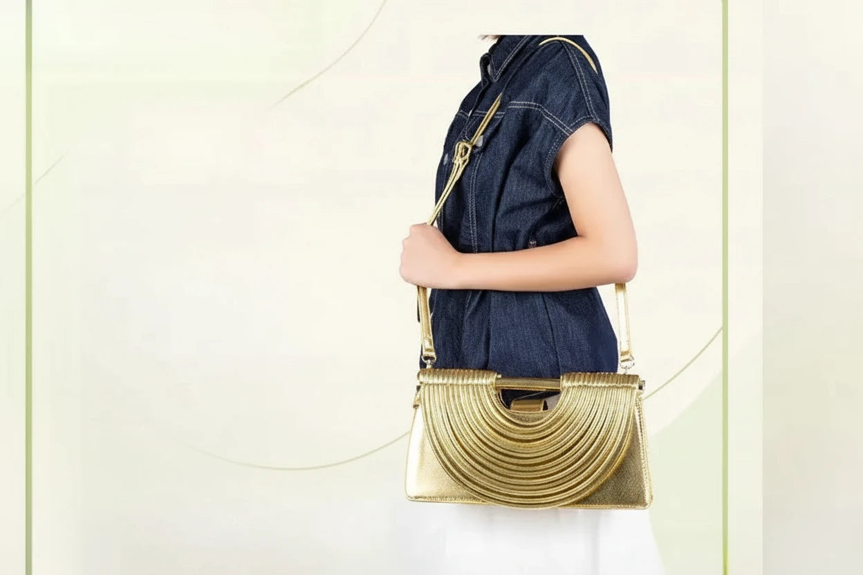 🍒Handwoven style Women's gold crossbody bag clutch handle occasion handbags smart casual strands pu material soft Texture triangle shape shoulder bag Strands Of Style
