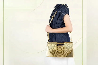 🍒Handwoven style Women's gold crossbody bag clutch handle occasion handbags smart casual strands pu material soft Texture triangle shape shoulder bag Strands Of Style