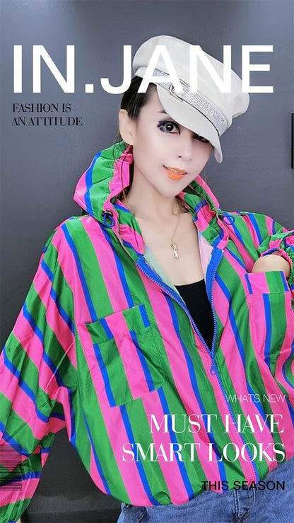 🍒Hooded windbreaker Jacket women streetwear long sleeves spring top quick drying Y2k striped clothing fashion casual bomber women    Swipe Right To This Right Stripe