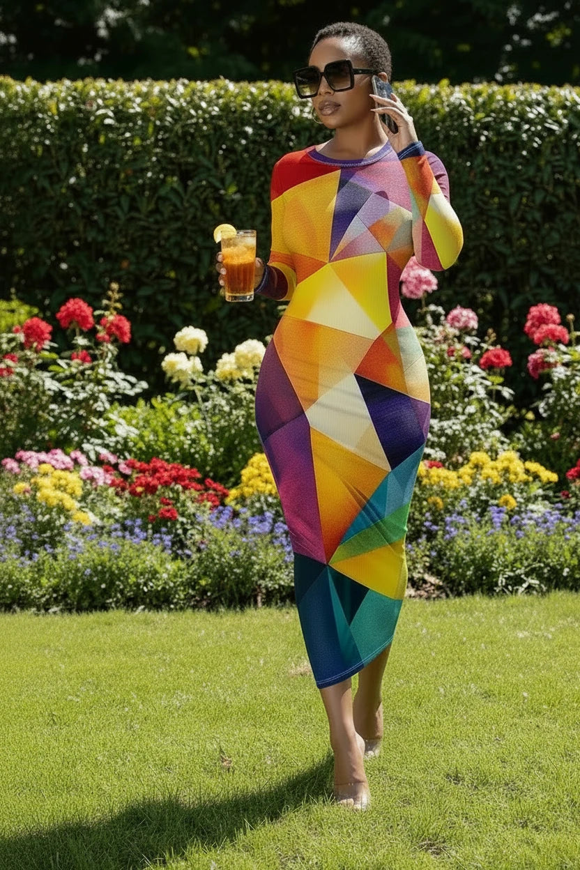 🍒Plus size geometric midi dress full sleeve bodycon women's party vacation outfit bright color clothes date night workwear Drink Wine In A Cut Glass
