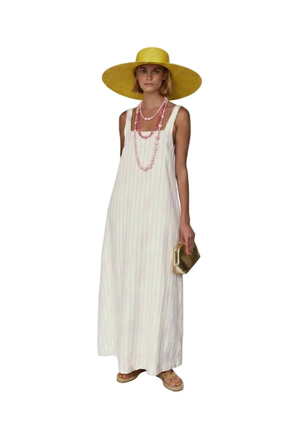 🍒Informele vierkantige maxi-rokstyl lang gestreepte uitrusting met smalbandjies, vierkantige nek, stranddrag, elegante los somersrok