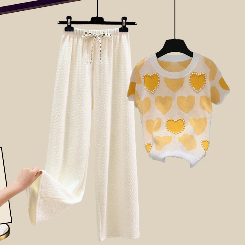 🍒Tweedelige stelpak elegante gebreide t-hemp met liefdeshartjie-top vir vroue en gemaklike wyebeenbroekstelle elegante gemaklike klere huisdrag klere Hou van Hierdie Stel