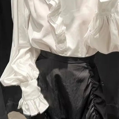 🍒Franse wit roesblouse vir vroue, langmou, asimmetriese staankraag, sjiek hemp, retro geplooide kantoorpendelaar, sagte, soet top, geleentheidsklere, slim-gemaklike drag. Balanseer roesels in jou handsak met hierdie asimmetriese item.