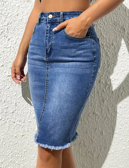 🍒 Denim knielengte middellengte romp skraal pasvorm hoë middellyf effekleurig gemaklik vrouemode gereelde elegante rousoom liggaamsnaby knoop en met sakke vroulike somerklere Denim Dagdoener