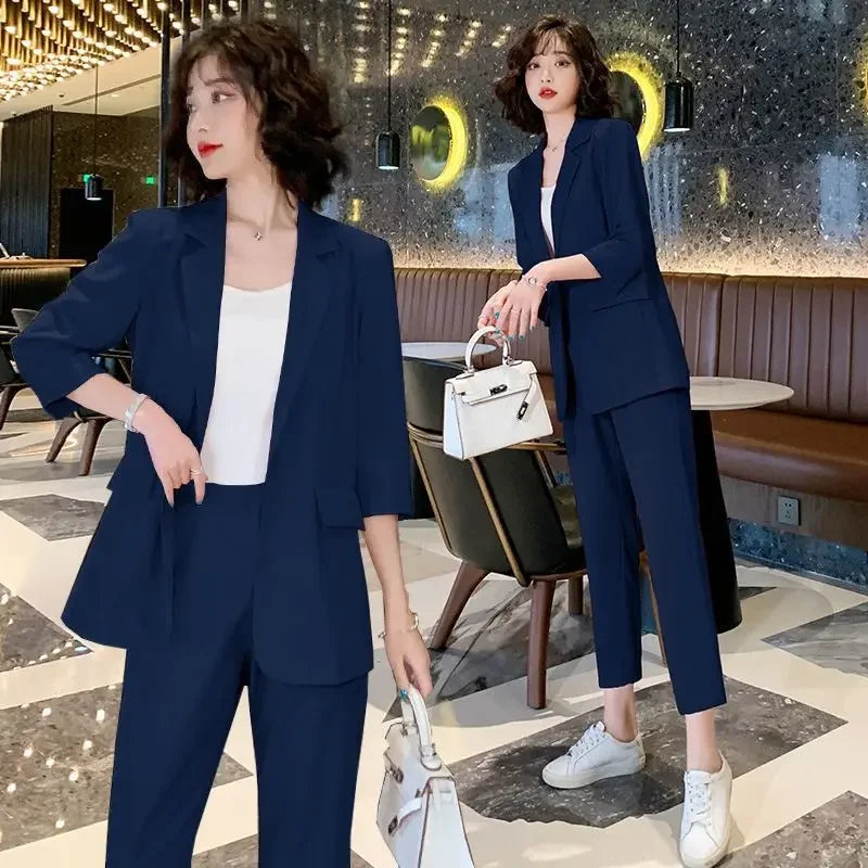 🍒Two piece blazer suit jacket and Pants two piece set for Women capri trousers with lapel jacket  office workwear party occasion wear Look Cool In Ice Cream