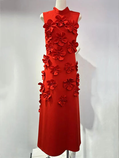 🍒Female evening dress 3D flower dress women sleeveless stand collar outfit maxi a-line occasion wear party wear fashion Always Have A-line Of Appliques In Your Armoire