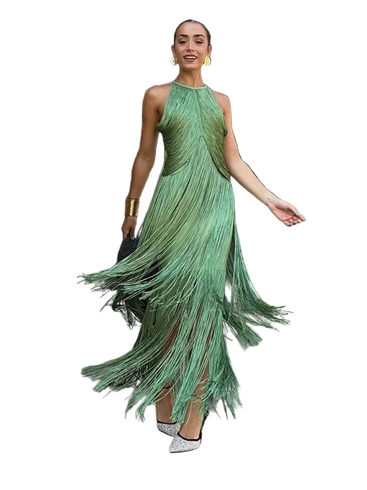 🍒Multi-layer tassel dress women's solid o-neck sleeveless cocktail dress elegant female fashion ball party outfit occasion wear club wear holiday beach party wear No Tossle Tassle