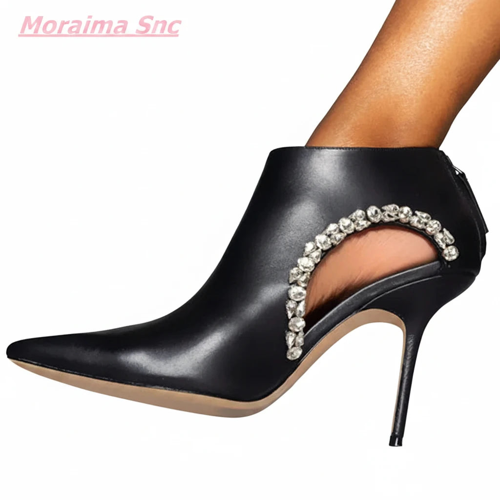 🍒Womens shoe booties genuine leather luxury brand stilettos with diamonds accent pointed toe open arch boots with back zipper leather fashion footwear office shoes occasion shoes Diamond Cut Gems