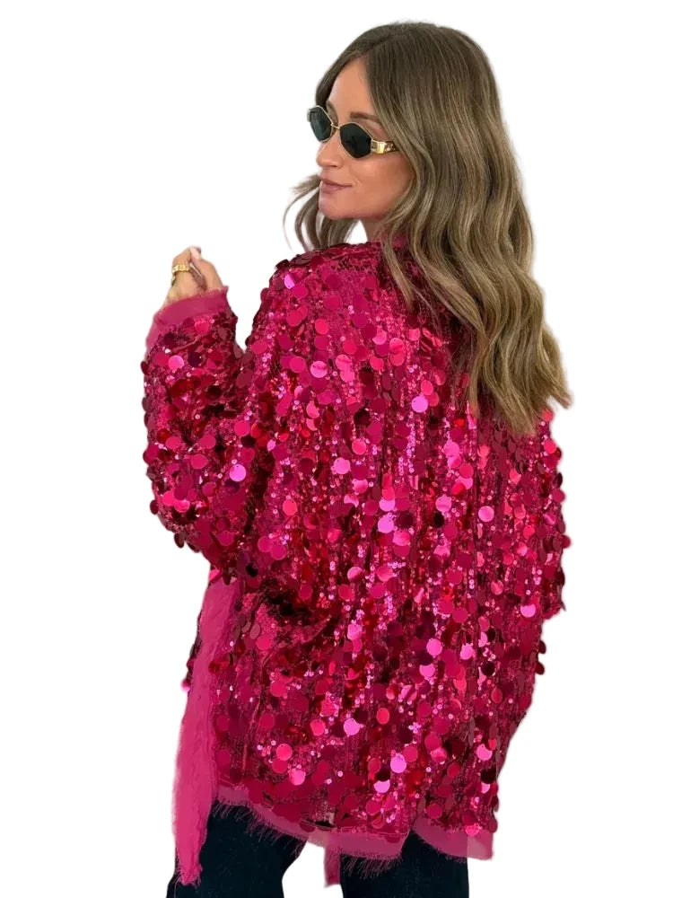 🍒Sequins bow tie jacket party long sleeve fashion short coat womens glitter party wear v-neck female long sleeve loose tops They Will SE'A Green When You Shimmer In This Winner