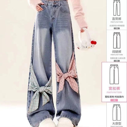 🍒American retro checkered patchwork bows women jeans with bows in them tie and loose as preferred Y2k wide leg pants Sweep These Sweets