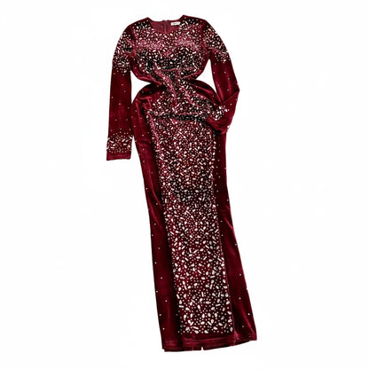 🍒Bodycon o-nek langmou rok glitter strass uitrusting fluweel sjiek oesjaarstyl klere sjiek herfsmode partytjie geleentheid drag Kry Wyn Stoned