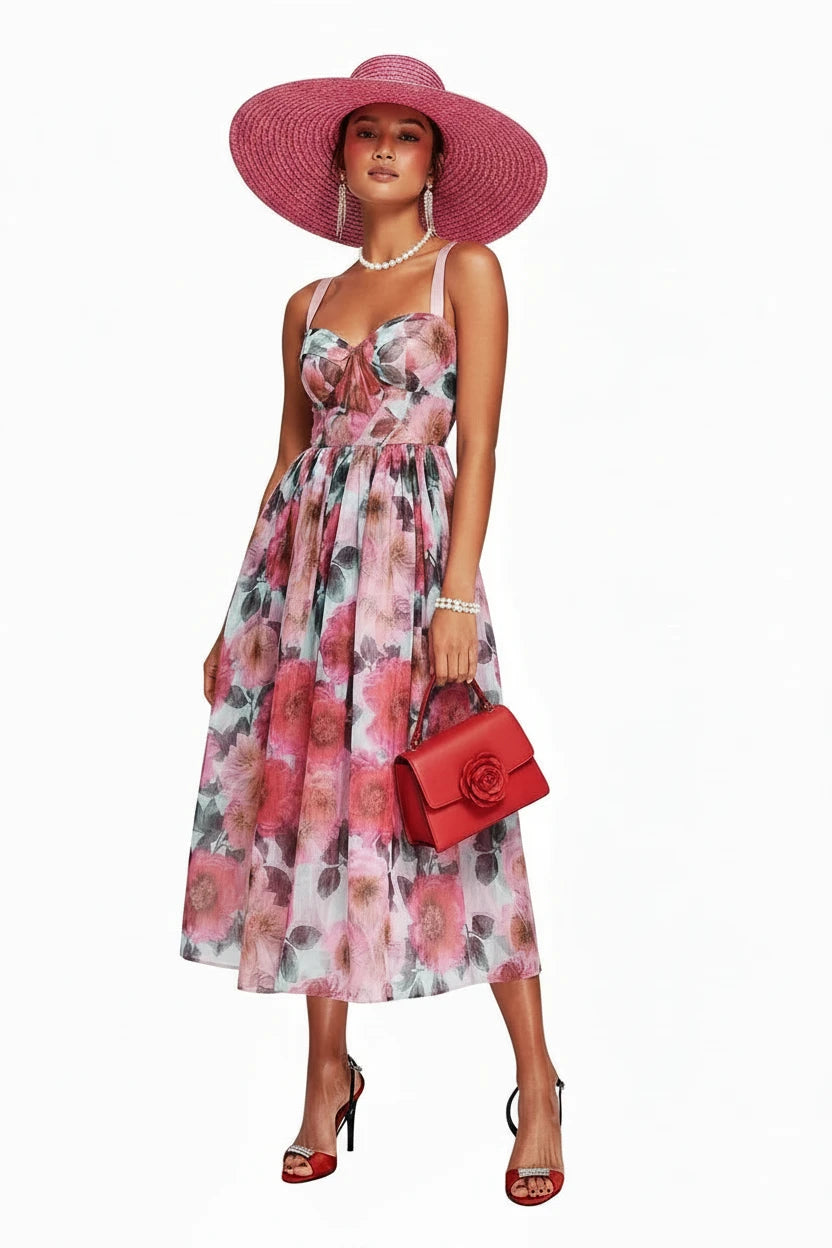 🍒High waist party dress with bodice and full skirt elegant floral print for summer fashion  sleeveless a-line dress off shoulder outfit women Fun Floaty Floral