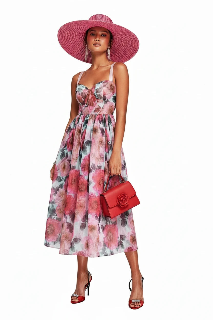 🍒High waist party dress with bodice and full skirt elegant floral print for summer fashion  sleeveless a-line dress off shoulder outfit women Fun Floaty Floral