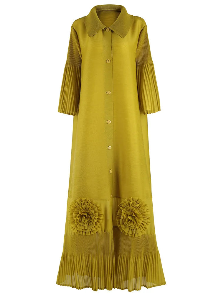 🍒Loose women's dress high-end chic lapel outfit with flared sleeves 3d floral fashion maxi  single breasted coat dress party occasion wear Flowers At Your Feet frock