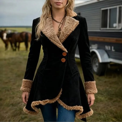 🍒Faux sheep skin jacket fitted waist loose fashion lapel coat female faux fur long coat versitile long sleeve outerwear Slim Sheep Skin