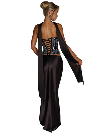 🍒Sequins top and skirt set womens shiny scarf collar with sparkly bodice top with lace up back and satin maxi skirt with fish tail elegant occasion wear club party skirt matching set