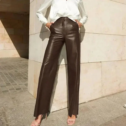 🍒Dames-PU-leertrousers met hoë middellyf, heupopheffing, modieuse reguitbeenbroek, slim gemaklike kledingstukke vir partytjies