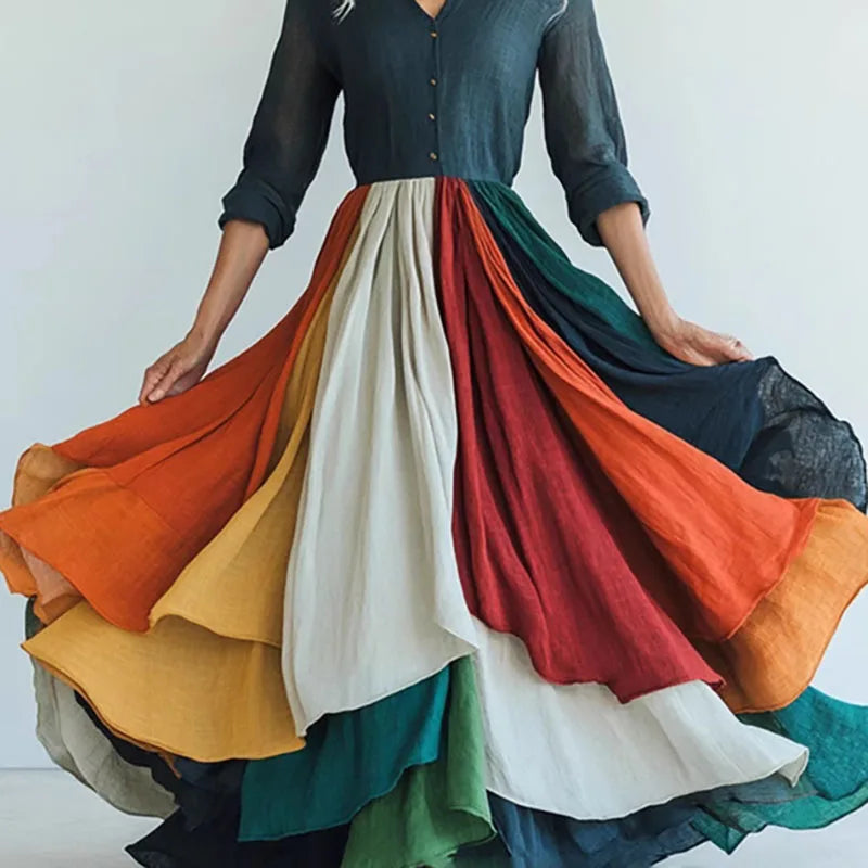 🍒Print swing dress pleated v-neck outfits high waist maxi dress long-sleeved boho fashionv vacation dress long sleeve Get A Girly Swirl