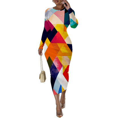 🍒Plus size geometric midi dress full sleeve bodycon women's party vacation outfit bright color clothes date night workwear Drink Wine In A Cut Glass