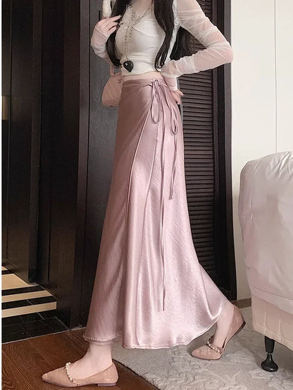 🍒Elegant high waist skirts for women fashion black grey satin skirt classic smart casual women  long skirt summer wear slinky silky skirty style