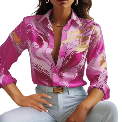 🍒Office blouses for women smart casual spring autumn fashion female business casual fashion colourful print clothing elegant loose long sleeve button shirt Look Marvelous Marble