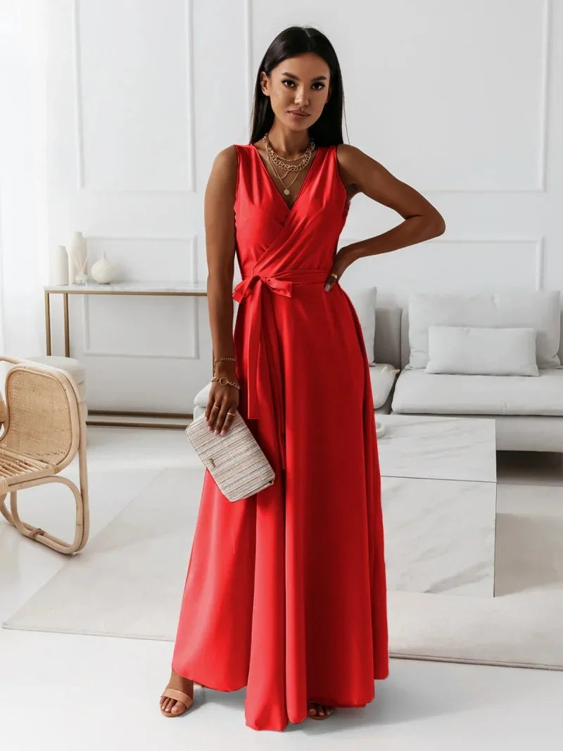 🍒Elegant party dresses for women v-neck sleeveless belt evening wear solid colour occasion wear outfit party wear maxi fashion Feminine Female Fashion Flair