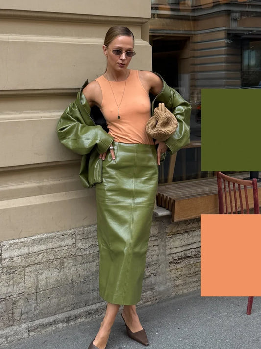 🍒皮革时尚夹克女式半身裙套装，拉链宽松外套，立领直筒中长裙，别致秋季派对装、休闲正装、智能休闲女装。她们会羡慕你的皮衣！