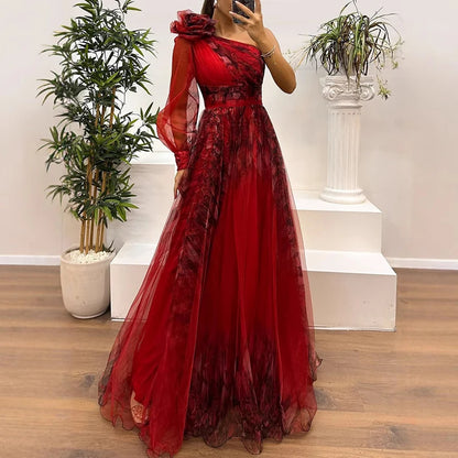 🍒High waist maxi dress Asymmetric evening dress one shoulder sleeve pleats bridesmaid outfit occasion wear party outfit Look Rosy In A Chiffon