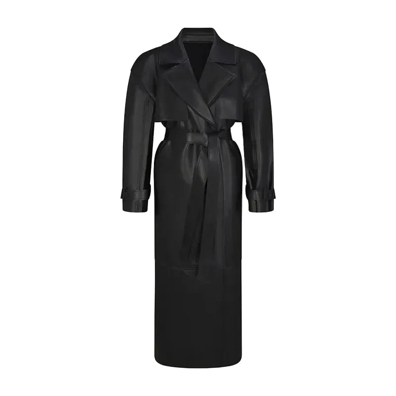 🍒faux leather women coat with lapel long Y2K solid belt and pocket long sleeve pu trench fall winter outwear female Faux Fans Fast Forward