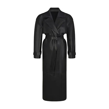 🍒faux leather women coat with lapel long Y2K solid belt and pocket long sleeve pu trench fall winter outwear female Faux Fans Fast Forward