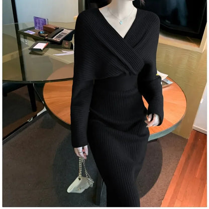 🍒V-nek gebreide rok kruis-oor elastiese middel vlermuismou uitrusting skraal pasvorm elegante herfs winter mode slim gemaklike drag vroue Spring In Breiwerk