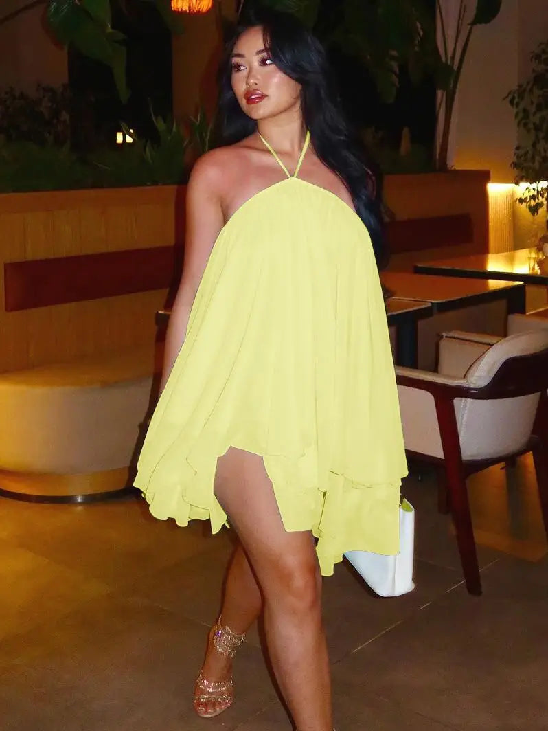 🍒Strapless pleated dress string halter neck mini dress uneven hem line chic backless outfits for women holiday beach outfit