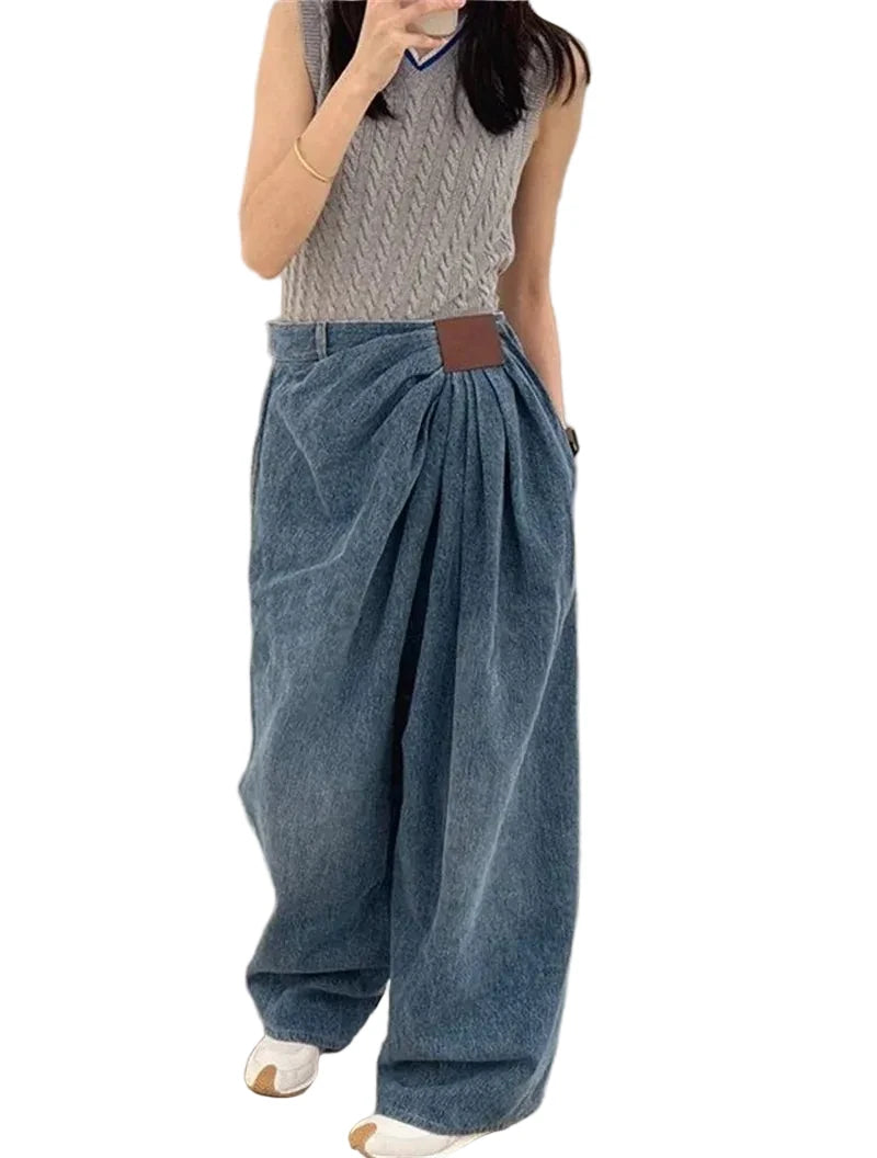 🍒Denim trouser baggy loose pleated casual wide leg jeans women designer mid waist pants washed long casual bottoms Gather Cool