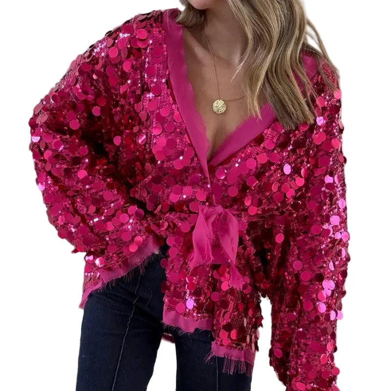 🍒Sequins bow tie jacket party long sleeve fashion short coat womens glitter party wear v-neck female long sleeve loose tops They Will SE'A Green When You Shimmer In This Winner