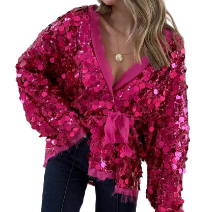 🍒Sequins bow tie jacket party long sleeve fashion short coat womens glitter party wear v-neck female long sleeve loose tops They Will SE'A Green When You Shimmer In This Winner