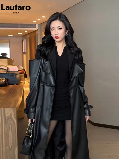 🍒Long black faux leather coat pu trench coat mixed media fashion womens autumn winter outerwear double breasted outerwear loose stylish luxury designer clothing Shoulder Bold
