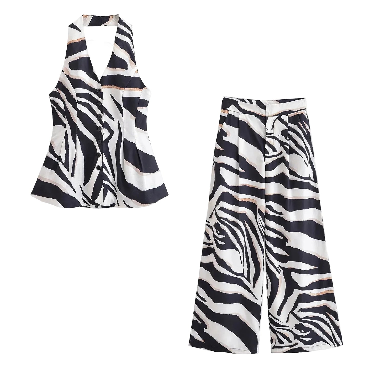 🍒Women summer holiday trousers and sleeveless top set single breasted top backless and elegant long high waist zipper pants loose fit Put your name aCROSS this ZEBRA and sING when you get it
