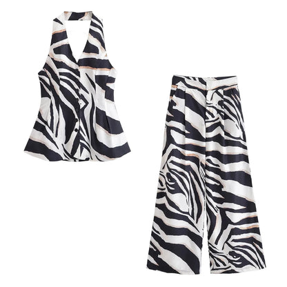 🍒Women summer holiday trousers and sleeveless top set single breasted top backless and elegant long high waist zipper pants loose fit Put your name aCROSS this ZEBRA and sING when you get it