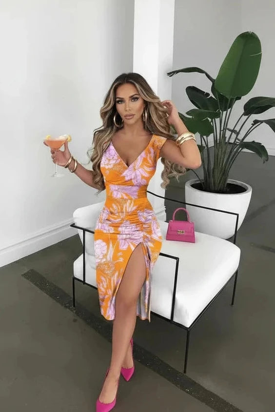 🍒Somerrok, drukwerk, modieuse slim gemaklike klere vir vroue, elegante V-nek moulose lyfpakrok met split aan die voorkant, strandpartytjiedrag, druk jou somerdruk