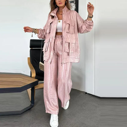 🍒Elegant casual single breasted utility coat jacket and matching pants suit women's retro loose large pocket solid colour two piece set Pocket These Pants And Jacket The Saving