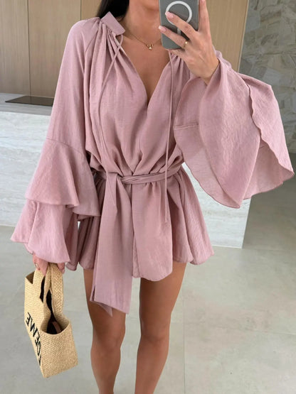 🍒Elegante opvourok vir vroue bruin diep v-nek langmou mini-rok vroulike lente somer los modeklere partytjie geleentheid drag Blouse Up In  a Dress