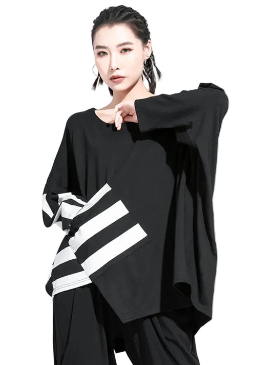 🍒Black and white striped t-shirts Womens baggy black tee with design Irregular big size casual top round neck long Sleeve Fashion wear for spring autumn Get Black To Stripes