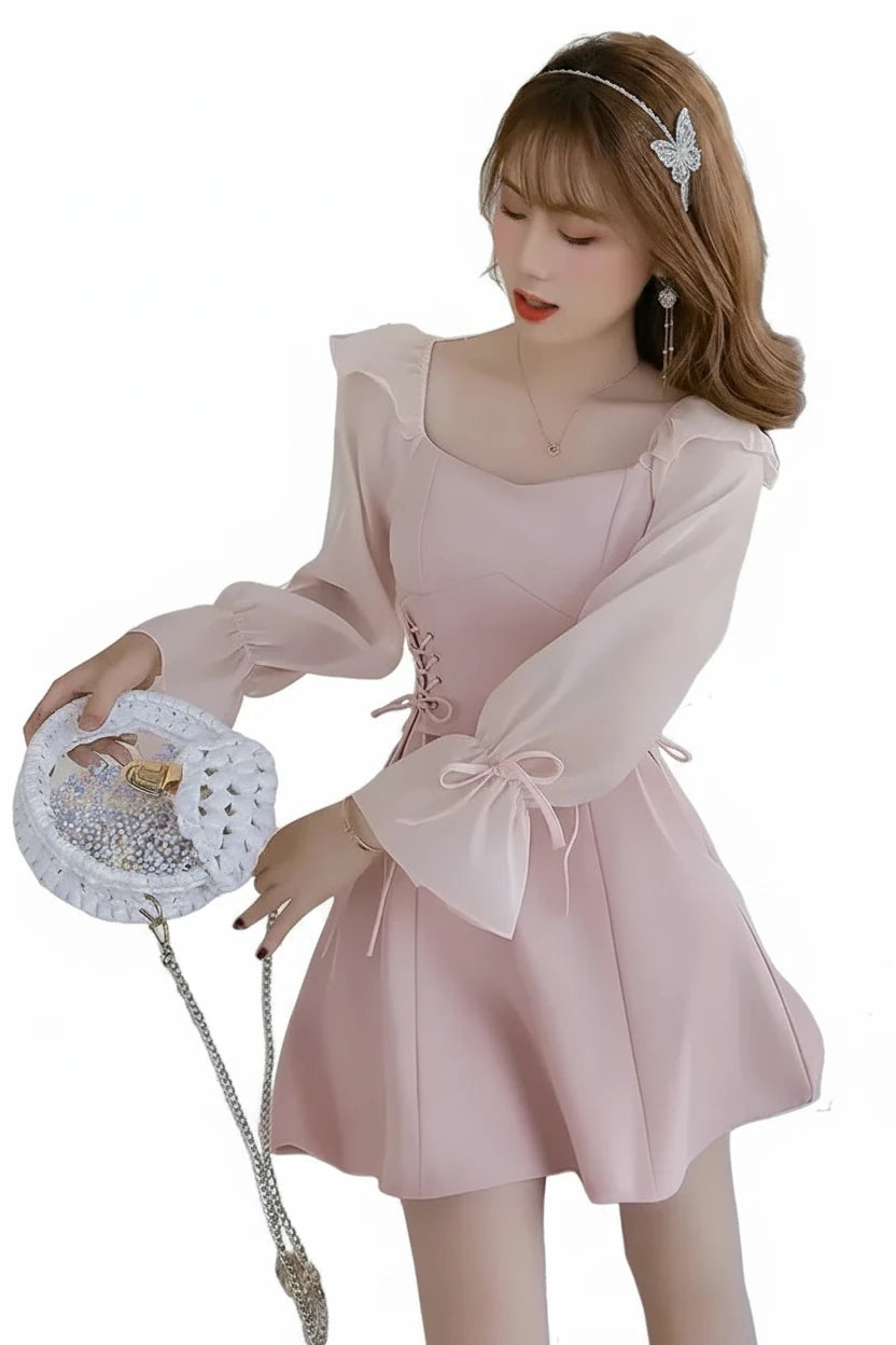 🍒Pienk rokke vroue lente somer lieflingneklynuitrusting a-lyn mini rok met pofmoue kantopryg trekkoordkante middel vroulike mode A- Pragtige Pienk